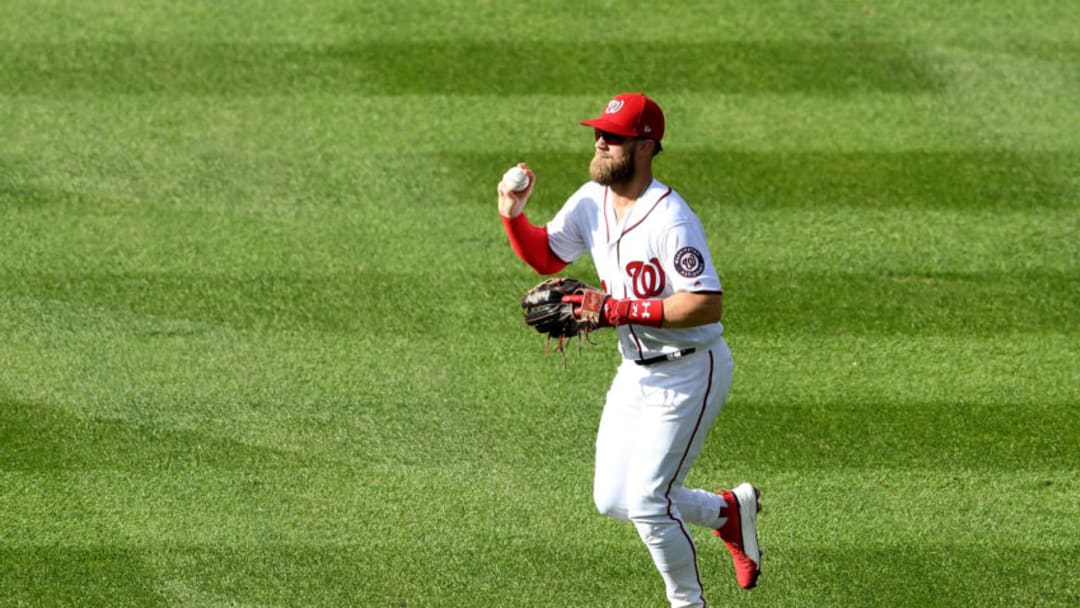 WASHINGTON, DC - SEPTEMBER 26: Bryce Harper #34 of the Washington Nationals runs in from the outfield during the game against the Miami Marlins at Nationals Park on September 26, 2018 in Washington, DC. (Photo by G Fiume/Getty Images)