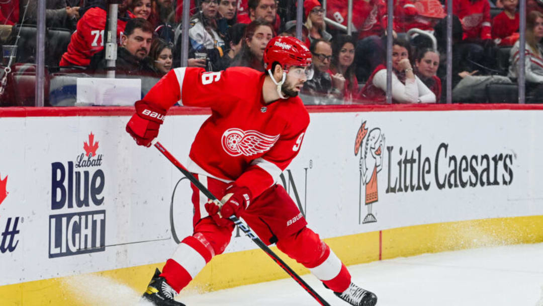 Jan 14, 2023; Detroit, Michigan, USA; Detroit Red Wings defenseman Jake Walman (96) during the third period against the Columbus Blue Jackets at Little Caesars Arena. Mandatory Credit: Tim Fuller-USA TODAY Sports