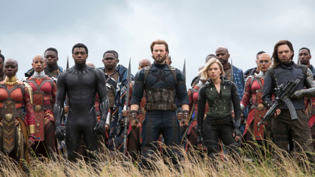 Marvel Studios' AVENGERS: INFINITY WAR. L to R: Okoye (Danai Gurira), Black Panther/T'Challa (Chadwick Boseman), Captain America/Steve Rogers (Chris Evans), Black Widow/Natasha Romanoff (Scarlet Johansson) and Winter Soldier/Bucky Barnes (Sebastian Stan)Photo: Chuck Zlotnick ©Marvel Studios 2018
