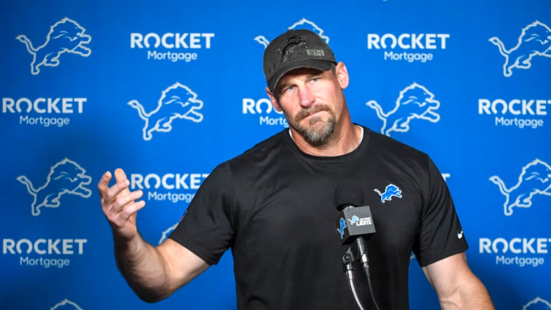 ALLEN PARK, MICHIGAN - JULY 28: Detroit Lions head football coach Dan Campbell speaks with the media before the Detroit Lions Training Camp on July 28, 2021 in Allen Park, Michigan. (Photo by Nic Antaya/Getty Images)