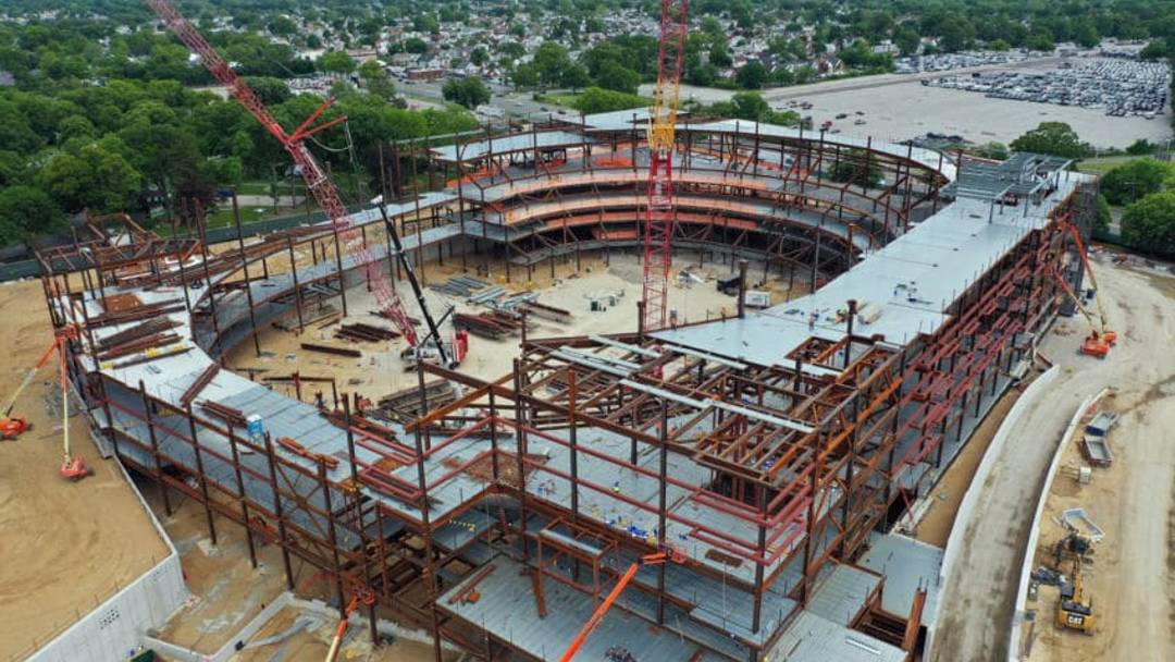 ELMONT, NEW YORK - JUNE 02: In an aerial view from a drone, construction continues on the New York Islanders new arena situated next to Belmont Racetrack on June 2, 2020 in Elmont, New York. (Photo by Bruce Bennett/Getty Images) ELMONT, NEW YORK - JUNE 02: In an aerial view from a drone, construction continues on the New York Islanders new arena situated next to Belmont Racetrack on June 2, 2020 in Elmont, New York. (Photo by Bruce Bennett/Getty Images)