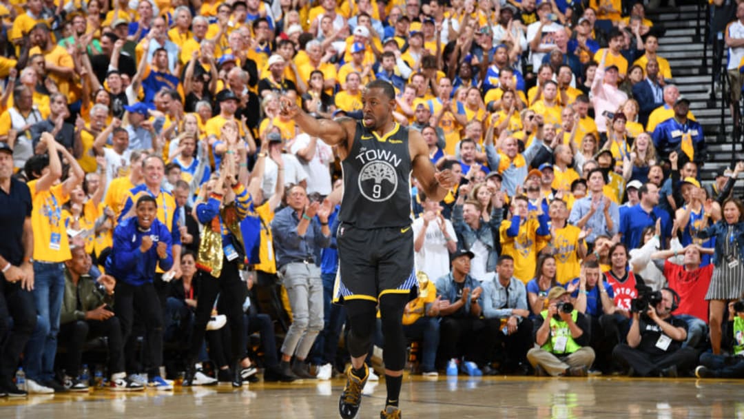 OAKLAND, CA - JUNE 13: Andre Iguodala #9 of the Golden State Warriors reacts to a play during Game Six of the NBA Finals against the Toronto Raptors on June 13, 2019 at ORACLE Arena in Oakland, California. NOTE TO USER: User expressly acknowledges and agrees that, by downloading and/or using this photograph, user is consenting to the terms and conditions of Getty Images License Agreement. Mandatory Copyright Notice: Copyright 2019 NBAE (Photo by Andrew D. Bernstein/NBAE via Getty Images)