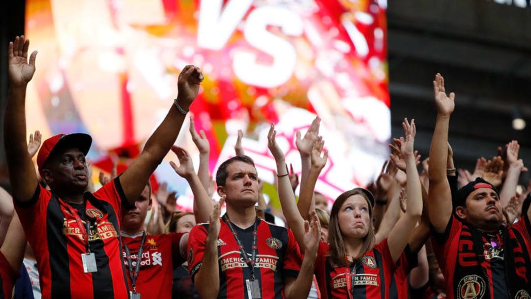 ATLANTA, GA - OCTOBER 22: Fans watch the match between the Atlanta United and the Toronto FC at Mercedes-Benz Stadium on October 22, 2017 in Atlanta, Georgia. (Photo by Kevin C. Cox/Getty Images)