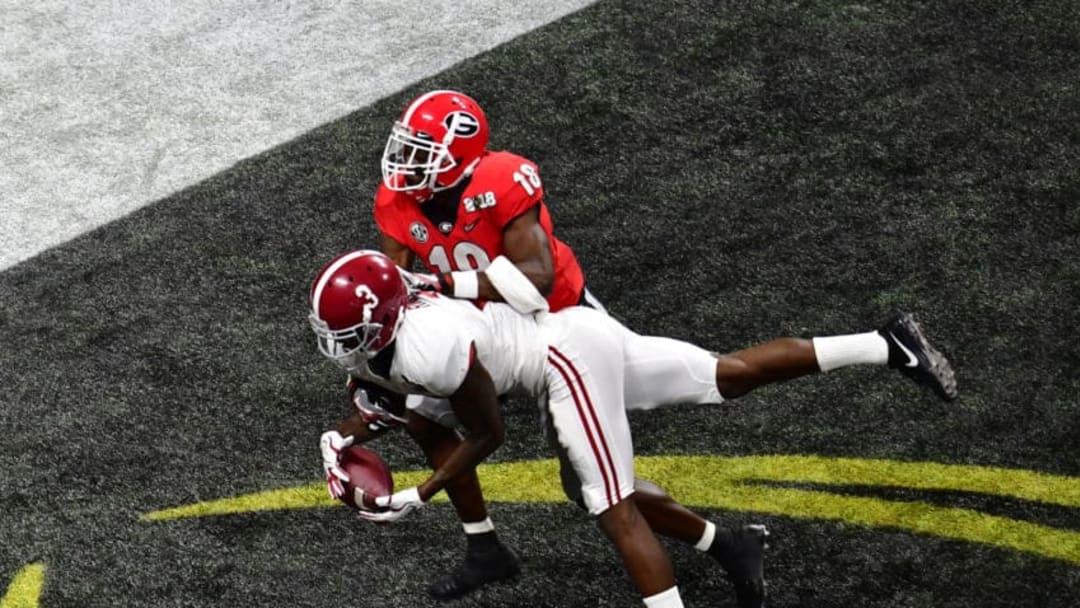 ATLANTA, GA - JANUARY 08: Calvin Ridley #3 of the Alabama Crimson Tide is unable to make a catch in the end zone against Deandre Baker #18 of the Georgia Bulldogs in the CFP National Championship presented by AT&T at Mercedes-Benz Stadium on January 8, 2018 in Atlanta, Georgia. (Photo by Scott Cunningham/Getty Images)