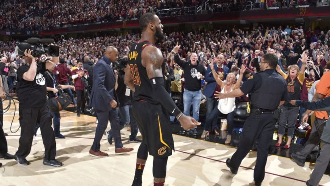 CLEVELAND, OH - APRIL 25: LeBron James #23 of the Cleveland Cavaliers celebrates a win after the game against the Indiana Pacers in Game Five of Round One of the 2018 NBA Playoffs between the Indiana Pacers and Cleveland Cavaliers on April 25, 2018 at Quicken Loans Arena in Cleveland, Ohio. NOTE TO USER: User expressly acknowledges and agrees that, by downloading and/or using this Photograph, user is consenting to the terms and conditions of the Getty Images License Agreement. Mandatory Copyright Notice: Copyright 2018 NBAE (Photo by David Liam Kyle/NBAE via Getty Images)
