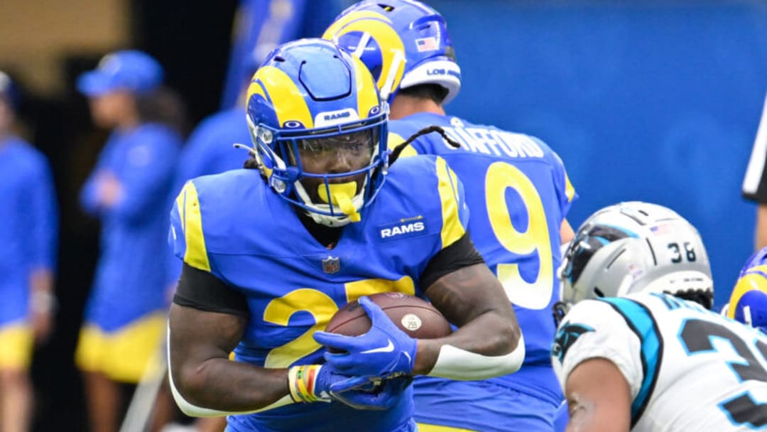 Oct 16, 2022; Inglewood, California, USA; Los Angeles Rams running back Kyren Williams (23) carries the ball during the second half against the Carolina Panthers at SoFi Stadium. Mandatory Credit: Robert Hanashiro-USA TODAY Sports