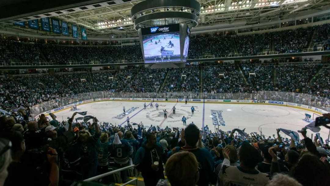 Apr 20, 2016; San Jose, CA, USA; Fans cheer after San Jose Sharks left wing Patrick Marleau (12) scored against the Los Angeles Kings in the third period of game four of the first round of the 2016 Stanley Cup Playoffs at SAP Center at San Jose. The Sharks won 3-2. Mandatory Credit: John Hefti-USA TODAY Sports