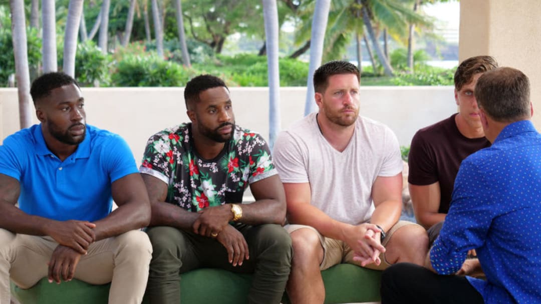 TEMPTATION ISLAND -- "The Beginning of the End" Episode 108 -- Pictured: (l-r) Javen Butler, Karl Collins, John Thurmond, Evan Smith -- (Photo by: Mario Perez/USA Network)