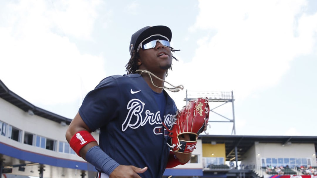 NORTH PORT, FLORIDA - MARCH 10: Ronald Acuna Jr. #13 of the Atlanta Braves in action against the Houston Astros during a Grapefruit League spring training game at CoolToday Park on March 10, 2020 in North Port, Florida. (Photo by Michael Reaves/Getty Images)