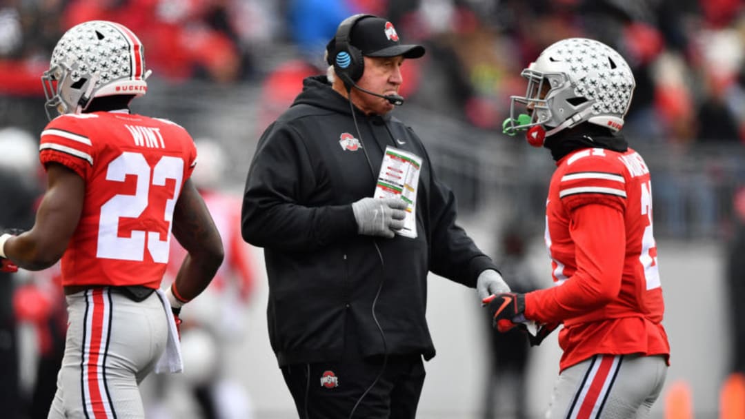 COLUMBUS, OH - NOVEMBER 9: Co-Defensive Coordinator Greg Mattison of the Ohio State Buckeyes watches his team play against the Maryland Terrapins at Ohio Stadium on November 9, 2019 in Columbus, Ohio. (Photo by Jamie Sabau/Getty Images)