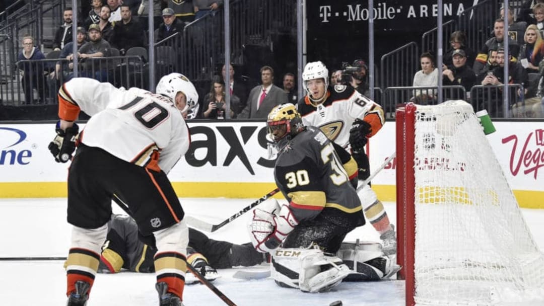 LAS VEGAS, NV - DECEMBER 5: Corey Perry #10 of the Anaheim Ducks narrowly misses the net on a shot attempt against Malcolm Subban #30 of the Vegas Golden Knights during the game at T-Mobile Arena on December 5, 2017 in Las Vegas, Nevada. (Photo by Jeff Bottari/NHLI via Getty Images)