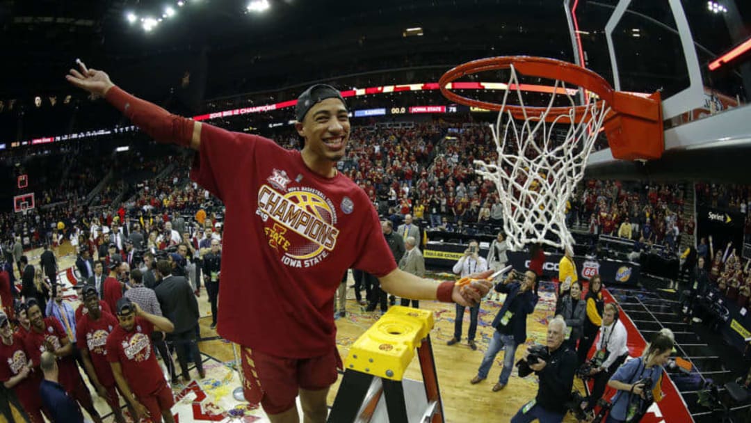 KANSAS CITY, MISSOURI - MARCH 16: Tyrese Haliburton #22 of the Iowa State Cyclones cuts a piece of the net after the Cyclones defeated the Kansas Jayhawks 78-66 to win the Big 12 Basketball Tournament Finals at Sprint Center on March 16, 2019 in Kansas City, Missouri. (Photo by Jamie Squire/Getty Images)
