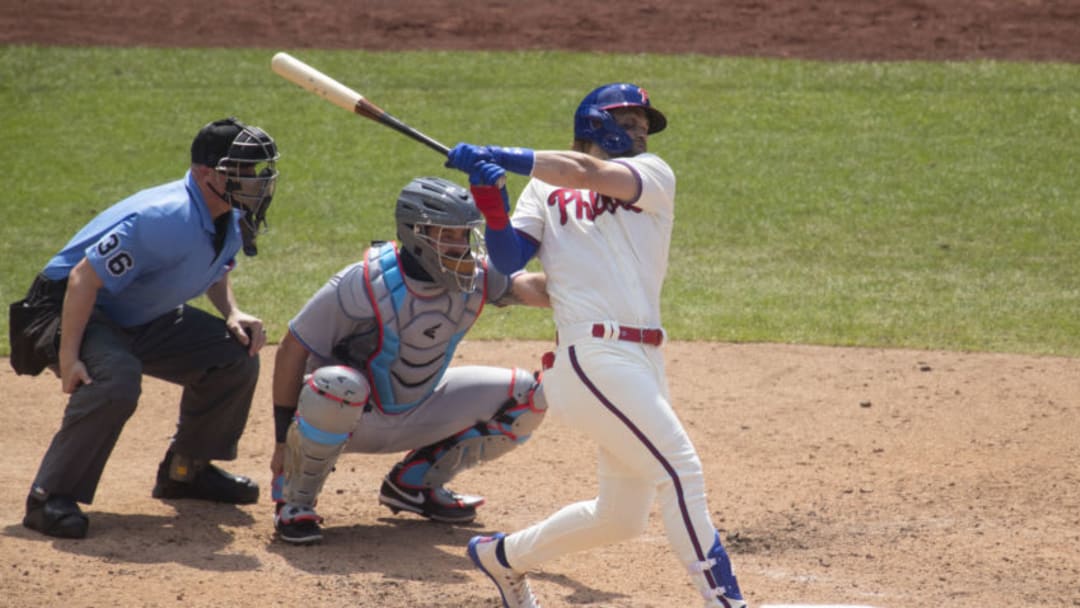 PHILADELPHIA, PA - JULY 26: Bryce Harper #3 of the Philadelphia Phillies bats against the Miami Marlins at Citizens Bank Park on July 26, 2020 in Philadelphia, Pennsylvania. (Photo by Mitchell Leff/Getty Images)