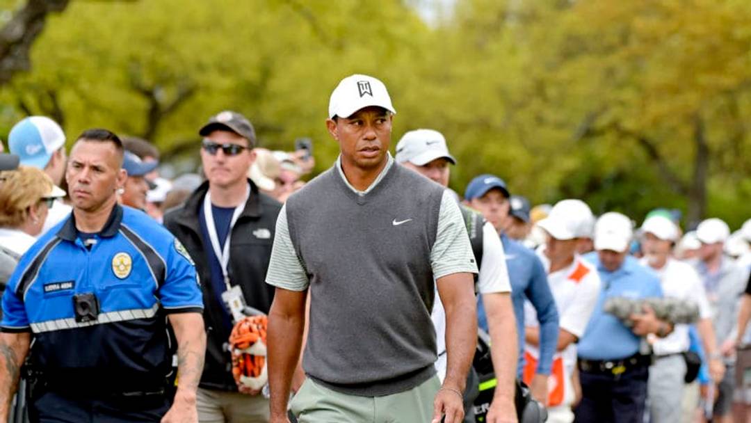 AUSTIN, TX - MARCH 30: Tiger Woods glances at the leaderboard as he leaves the 10th tee during the round of 16 in the World Golf Championships-Dell Technologies Match Play at Austin Country Club on March 30, 2019 in Austin, Texas. (Photo by Tracy Wilcox/PGA TOUR)