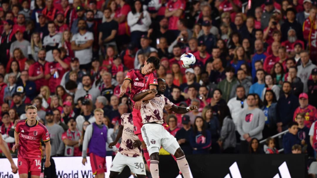ST. LOUIS, MO - APRIL 29: Miguel Perez #28 St. Louis City SC wins the header against Franck Boll #7 of Portland Timbers during a game between Portland Timbers and St. Louis City SC at CITYPARK on April 29, 2023 in St. Louis, Missouri. (Photo by Bill Barrett/ISI Photos/Getty Images)