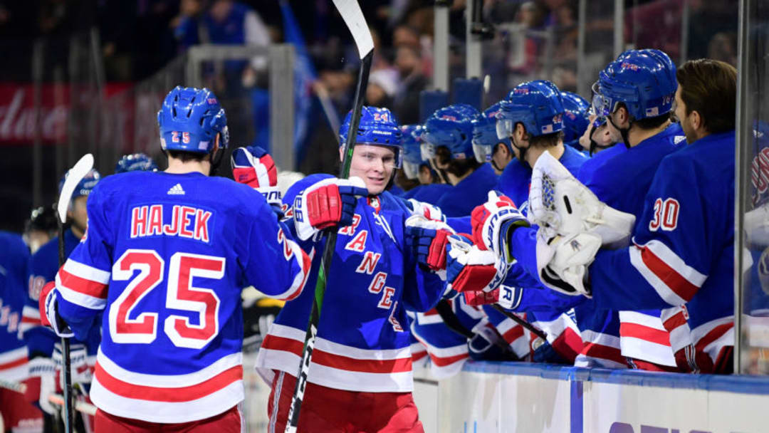 NEW YORK, NEW YORK - NOVEMBER 12: Kaapo Kakko #24 of the New York Rangers celebrates his first period goal during their game against the Pittsburgh Penguins at Madison Square Garden on November 12, 2019 in New York City. (Photo by Emilee Chinn/Getty Images)