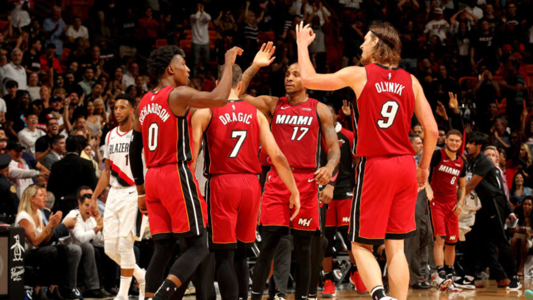 MIAMI, FL - OCTOBER 27: The Miami Heat huddles up against the Portland Trail Blazers on October 27, 2018 at American Airlines Arena in Miami, Florida. NOTE TO USER: User expressly acknowledges and agrees that, by downloading and or using this Photograph, user is consenting to the terms and conditions of the Getty Images License Agreement. Mandatory Copyright Notice: Copyright 2018 NBAE (Photo by Oscar Baldizon/NBAE via Getty Images)