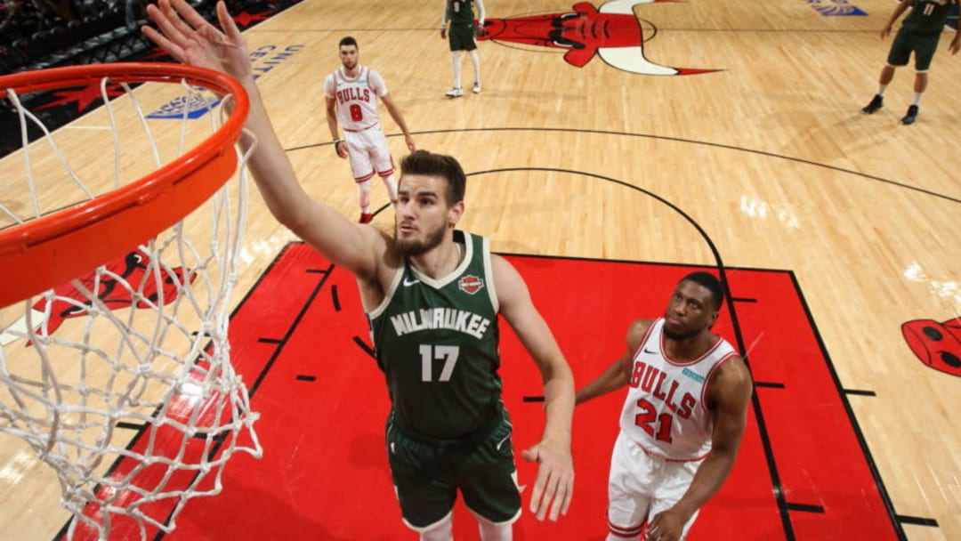 MILWAUKEE, WI - OCTOBER 7: Dragan Bender #17 of Milwaukee Bucks shoots the ball against the Chicago Bulls on October 7, 2019 at the United Center in Chicago, Illinois. NOTE TO USER: User expressly acknowledges and agrees that, by downloading and or using this Photograph, user is consenting to the terms and conditions of the Getty Images License Agreement. Mandatory Copyright Notice: Copyright 2019 NBAE (Photo by Gary Dineen/NBAE via Getty Images).