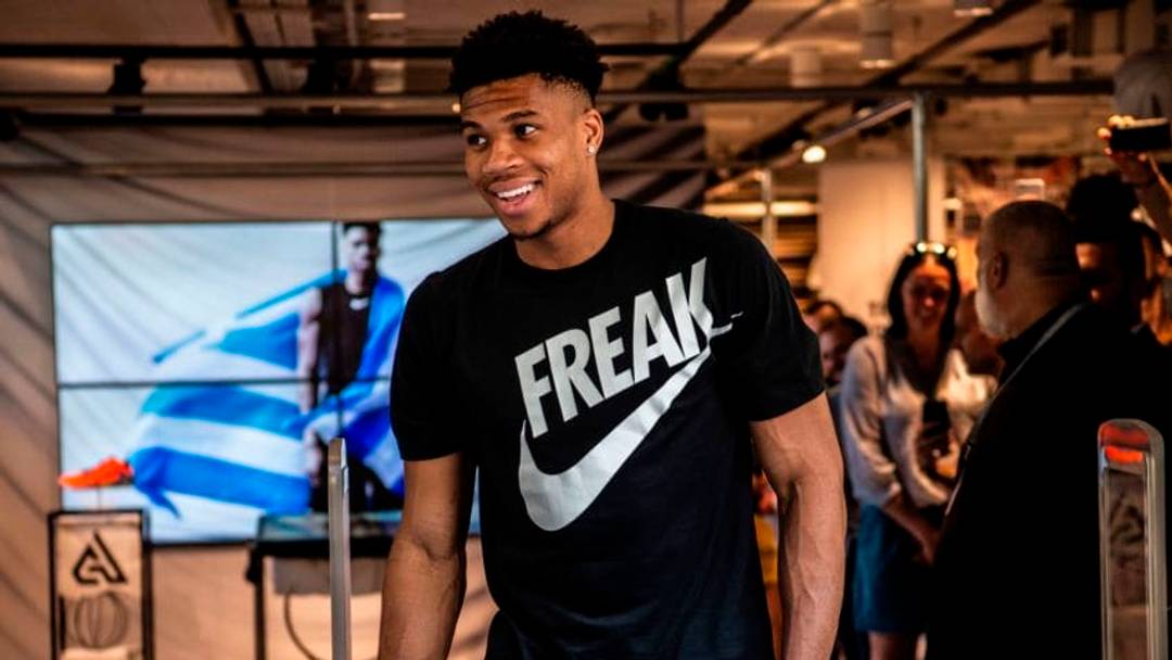 Milwaukee Bucks forward and NBA's Most Valuable Player for the 2018-2019 season Giannis Antetokounmpo leaves a Nike store after attending a promotional event, at the Syntagma square in Athens on June 28, 2019. - Speaking at an event in Athens to promote his line of sports shoes, "Greek Freak" Giannis Antetokounmpo said on June 28, 2019 that he would play for Greece at the FIBA Basketball World Cup in China this summer. (Photo by ANGELOS TZORTZINIS / AFP) (Photo credit should read ANGELOS TZORTZINIS/AFP/Getty Images)