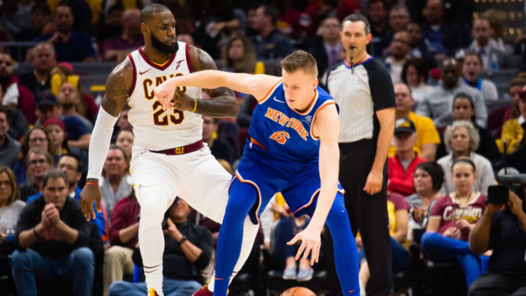 CLEVELAND, OH - OCTOBER 29: LeBron James #23 of the Cleveland Cavaliers puts pressure on Kristaps Porzingis #6 of the New York Knicks during the second half at Quicken Loans Arena on October 29, 2017 in Cleveland, Ohio. The Knicks defeated the Cavaliers 114-95. (Photo by Jason Miller/Getty Images)