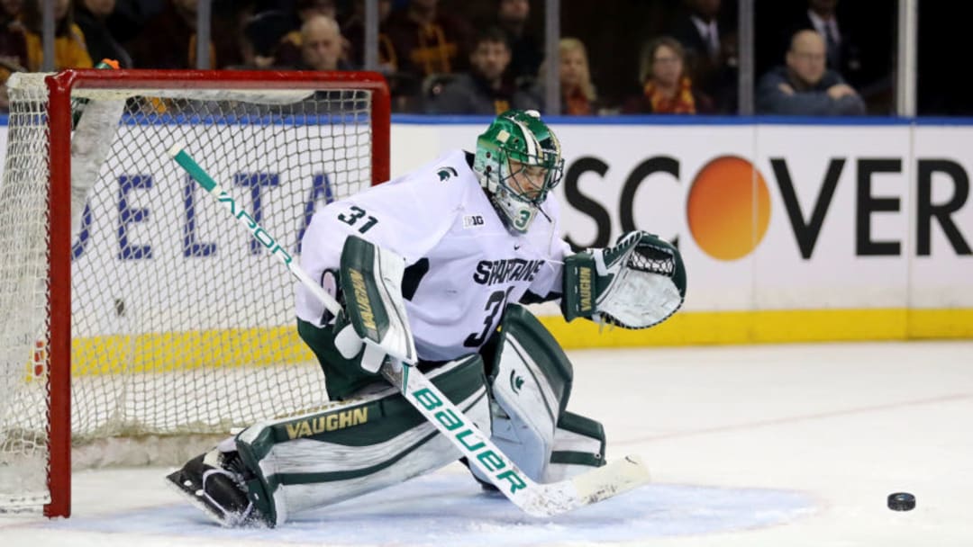 NEW YORK, NY - JANUARY 20: John Lethemon #31 of the Michigan State Spartans blocks a shot against the Minnesota Golden Gophers in the second period during their game at Madison Square Garden on January 20, 2018 in New York City. (Photo by Abbie Parr/Getty Images)