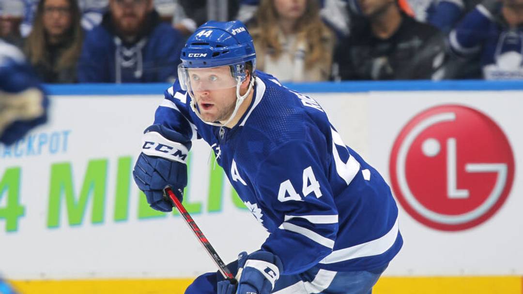 TORONTO, ON - OCTOBER 22: Morgan Rielly #44 of the Toronto Maple Leafs skates with the puck against the San Jose Sharks during an NHL game at Scotiabank Arena on October 22, 2021 in Toronto, Ontario, Canada. The Sharks defeated the Maple Leafs 5-3. (Photo by Claus Andersen/Getty Images)