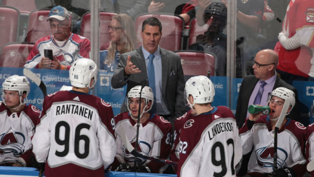 NHL DFS: SUNRISE, FL - DECEMBER 9: Head coach Jared Bednar directs Mikko Rantanen #96 and Gabriel Landeskog #92 of the Colorado Avalanche during a third period break in action against the Florida Panthers at the BB&T Center on December 9, 2017 in Sunrise, Florida. The Avalanche defeated the Panthers 7-3. (Photo by Joel Auerbach/Getty Images)