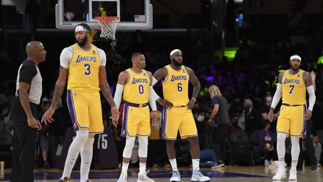 LOS ANGELES, CA - OCTOBER 12: Anthony Davis #3 Carmelo Anthony #7, LeBron James #6 and Russell Westbrook #0 of the Los Angeles Lakers on the basketball court together during the second half of a preseason basketball game against the Golden State Warriors at Staples Center on October 12, 2021 in Los Angeles, California. NOTE TO USER: User expressly acknowledges and agrees that, by downloading and/or using this Photograph, user is consenting to the terms and conditions of the Getty Images License Agreement. (Photo by Kevork Djansezian/Getty Images)