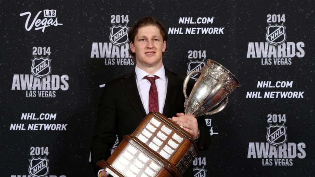 LAS VEGAS, NV - JUNE 24: Nathan MacKinnon of the Colorado Avalanche poses after winning the Calder Memorial Trophy during the 2014 NHL Awards at the Encore Theater at Wynn Las Vegas on June 24, 2014 in Las Vegas, Nevada. (Photo by Bruce Bennett/Getty Images)