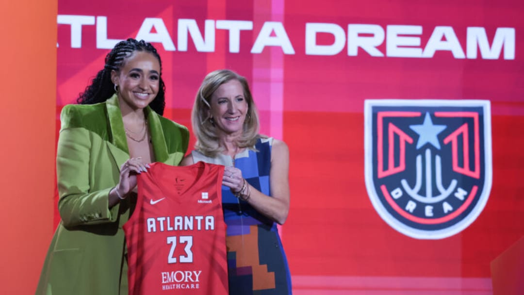Apr 10, 2023; New York, NY, USA; Haley Jones poses for a photo with WNBA Commissioner Cathy Engelbert after being drafted sixth overall by the Atlanta Dream during WNBA Draft 2023 at Spring Studio. Mandatory Credit: Vincent Carchietta-USA TODAY Sports