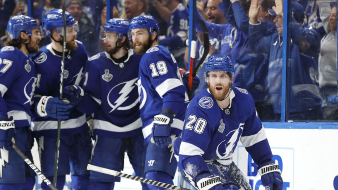 Jun 30, 2021; Tampa, Florida, USA; Tampa Bay Lightning center Blake Coleman (20) celebrates after scoring a goal against the Montreal Canadiens during the second period in game two of the 2021 Stanley Cup Final at Amalie Arena. Mandatory Credit: Kim Klement-USA TODAY Sports