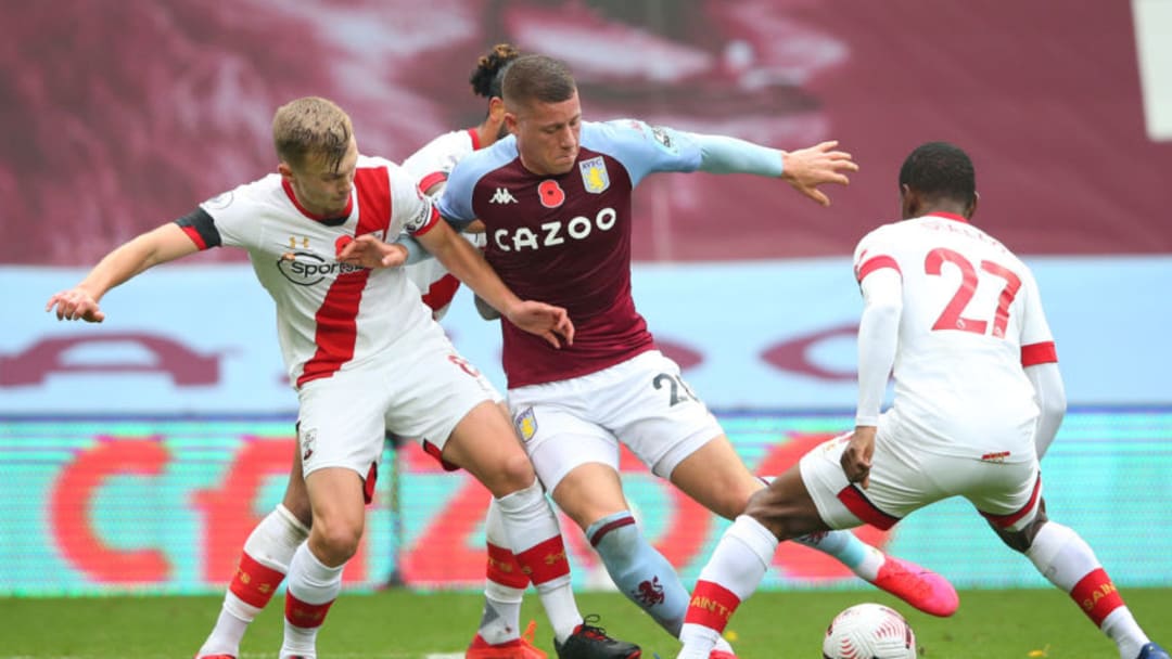 BIRMINGHAM, ENGLAND - NOVEMBER 01: Ross Barkley of Aston Villa is tackled by James Ward-Prowse of Southampton during the Premier League match between Aston Villa and Southampton at Villa Park on November 01, 2020 in Birmingham, England. Sporting stadiums around the UK remain under strict restrictions due to the Coronavirus Pandemic as Government social distancing laws prohibit fans inside venues resulting in games being played behind closed doors. (Photo by Alex Livesey - Danehouse/Getty Images)