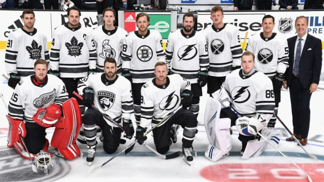 SAN JOSE, CA - JANUARY 26: Members of the Atlantic Division team of the Eastern Conference pose for a team photo during the 2019 Honda NHL All-Star Game at SAP Center on January 26, 2019 in San Jose, California. (Photo by Brandon Magnus/NHLI via Getty Images)