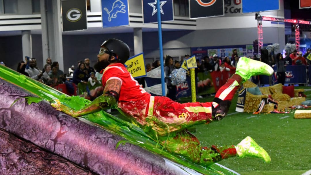 ATLANTA, GEORGIA - JANUARY 31: Odell Beckham Jr. competes during Nickelodeon's Double Dare Takes The Gridiron At Super Bowl LIII at Georgia World Congress Center on January 31, 2019 in Atlanta, Georgia. (Photo by Mike Coppola/Getty Images for Nickelodeon )