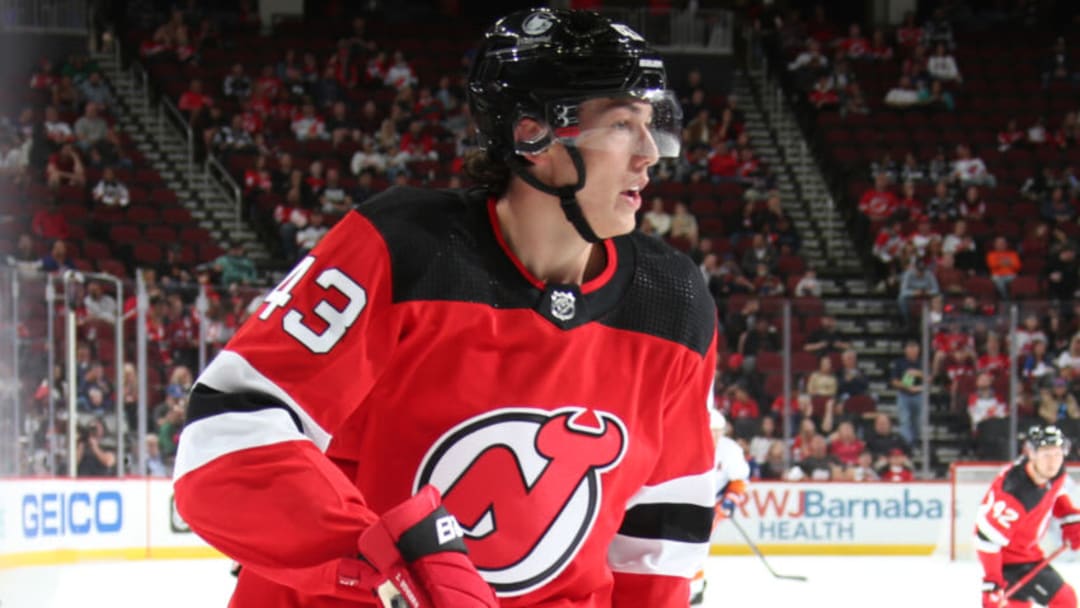 NEWARK, NJ - OCTOBER 02: Luke Hughes #43 of the New Jersey Devils during the preseason game against the New York Islanders on October 2, 2023 at the Prudential Center in Newark, New Jersey. (Photo by Rich Graessle/Getty Images)