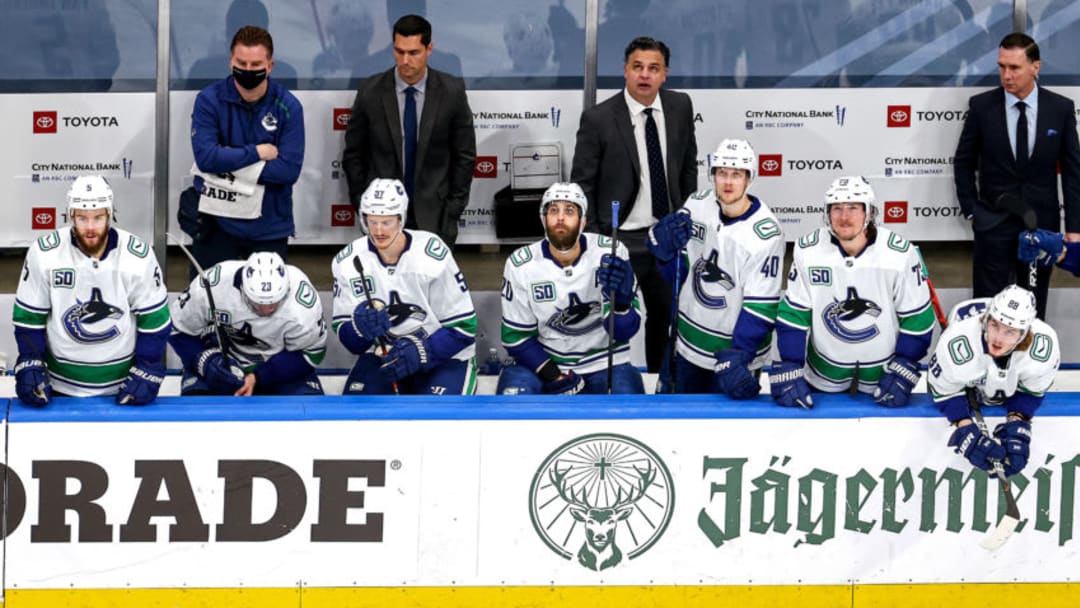 EDMONTON, ALBERTA - SEPTEMBER 04: The Vancouver Canucks look on against the Vegas Golden Knights during the second period in Game Seven of the Western Conference Second Round during the 2020 NHL Stanley Cup Playoffs at Rogers Place on September 04, 2020 in Edmonton, Alberta, Canada. (Photo by Bruce Bennett/Getty Images)