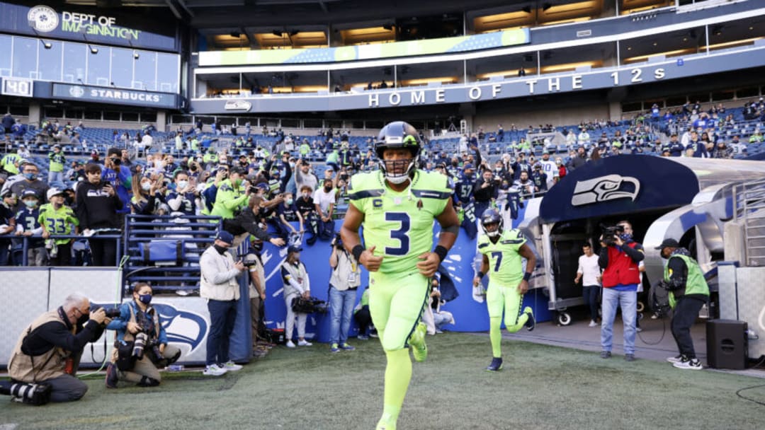 SEATTLE, WASHINGTON - OCTOBER 07: Quarterback Russell Wilson #3 of the Seattle Seahawks takes the field against the Los Angeles Rams at Lumen Field on October 07, 2021 in Seattle, Washington. (Photo by Steph Chambers/Getty Images)