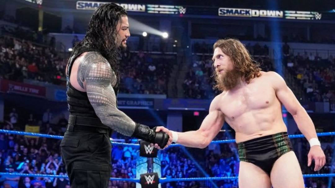 Daniel Bryan and Roman Reigns team up against King Corbin and Shinsuke Nakamura on the October 18, 2019 edition of WWE Friday Night SmackDown. Photo: WWE.com