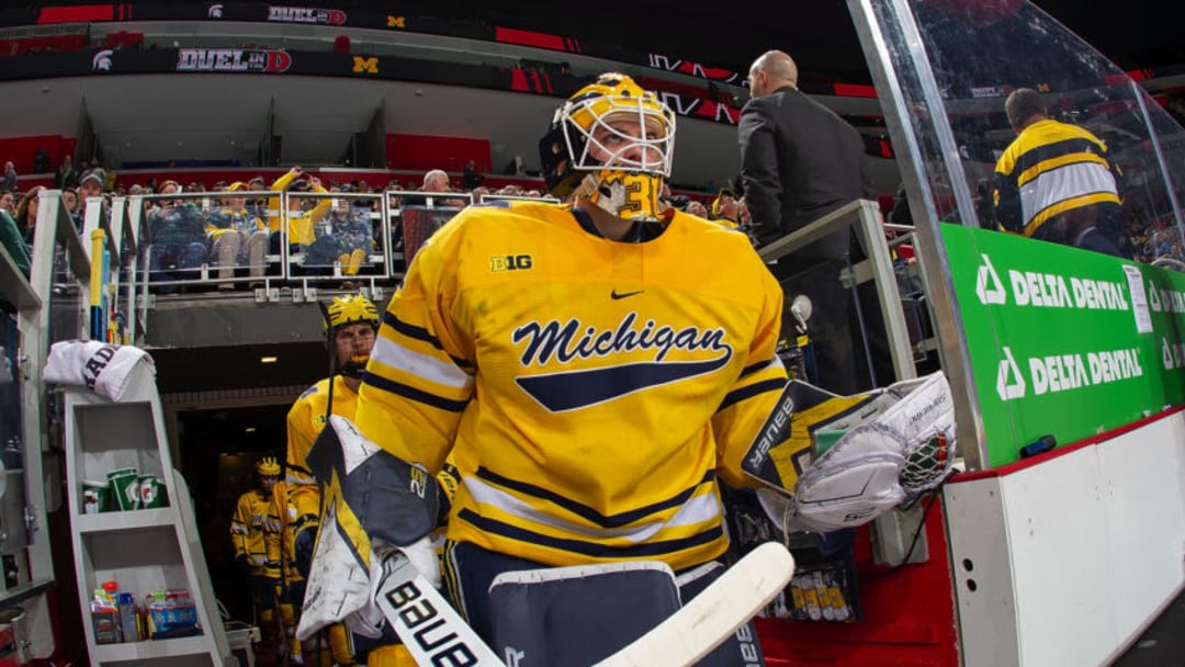 DETROIT, MI - FEBRUARY 17: Strauss Mann #31 of the Michigan Wolverines heads out to the rink to start the third period against the Michigan State Spartans during the annual NCAA hockey game, Duel in the D at Little Caesars Arena on February 17, 2020 in Detroit, Michigan. The Wolverines defeated the Spartans 4-1. (Photo by Dave Reginek/Getty Images)