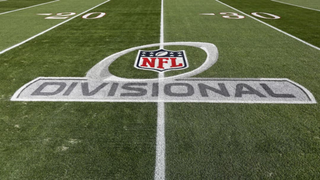 SANTA CLARA, CALIFORNIA - JANUARY 22: A detail view of a divisional logo on the field prior to an NFL divisional round playoff football game between the San Francisco 49ers and the Dallas Cowboys at Levi's Stadium on January 22, 2023 in Santa Clara, California. (Photo by Michael Owens/Getty Images)