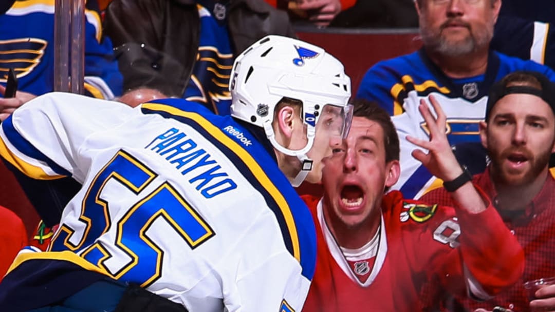 CHICAGO, IL - JANUARY 24: A Chicago Blackhawks fan yells at Colton Parayko #55 of the St. Louis Blues in the third period of the NHL game at the United Center on January 24, 2016 in Chicago, Illinois. (Photo by Chase Agnello-Dean/NHLI via Getty Images)