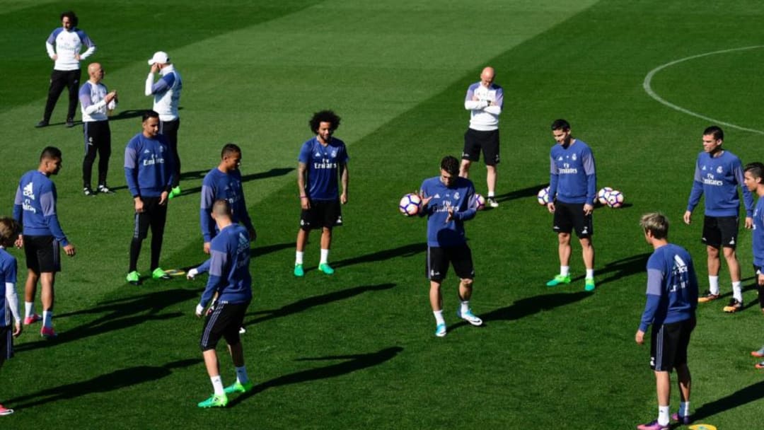 Real Madrid's players attend a training session at Valdebebas Sport City, on April 7, 2017 on the eve of their Spanish League football match Club Atletico de Madrid vs Real Madrid. / AFP PHOTO / PIERRE-PHILIPPE MARCOU (Photo credit should read PIERRE-PHILIPPE MARCOU/AFP/Getty Images)