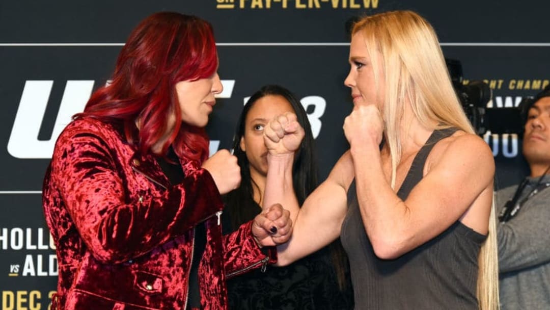 DETROIT, MI - NOVEMBER 30: (L-R) Opponents Cris Cyborg of Brazil and Holly Holm face off ahead of their UFC 219 fight during the UFC 218 Ultimate Media Day at the DoubleTree Hotel on November 30, 2017 in Detroit, Michigan. (Photo by Josh Hedges/Zuffa LLC via Getty Images)
