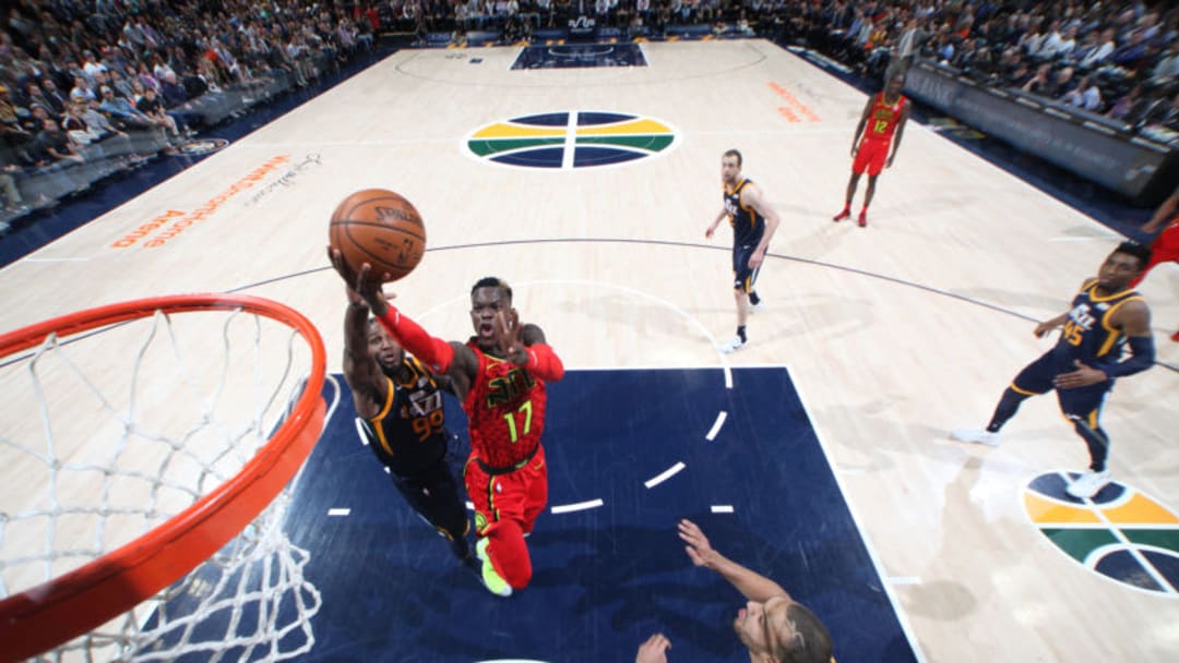 SALT LAKE CITY, UT - MARCH 20: Dennis Schroder #17 of the Atlanta Hawks drives to the basket against the Utah Jazz on March 20, 2018 at vivint.SmartHome Arena in Salt Lake City, Utah. Copyright 2018 NBAE (Photo by Melissa Majchrzak/NBAE via Getty Images)