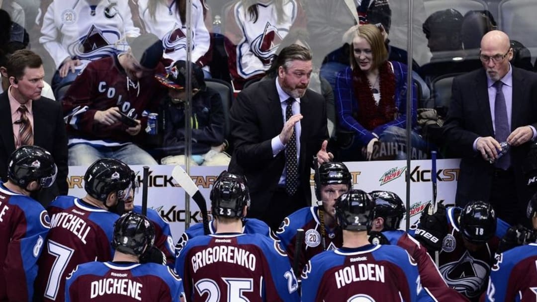 Mar 3, 2016; Denver, CO, USA; Colorado Avalanche head coach Patrick Roy talks to his players during a timeout out called in the third period against the Florida Panthers at the Pepsi Center. The Avalanche defeated the Panthers 3-2. Mandatory Credit: Ron Chenoy-USA TODAY Sports