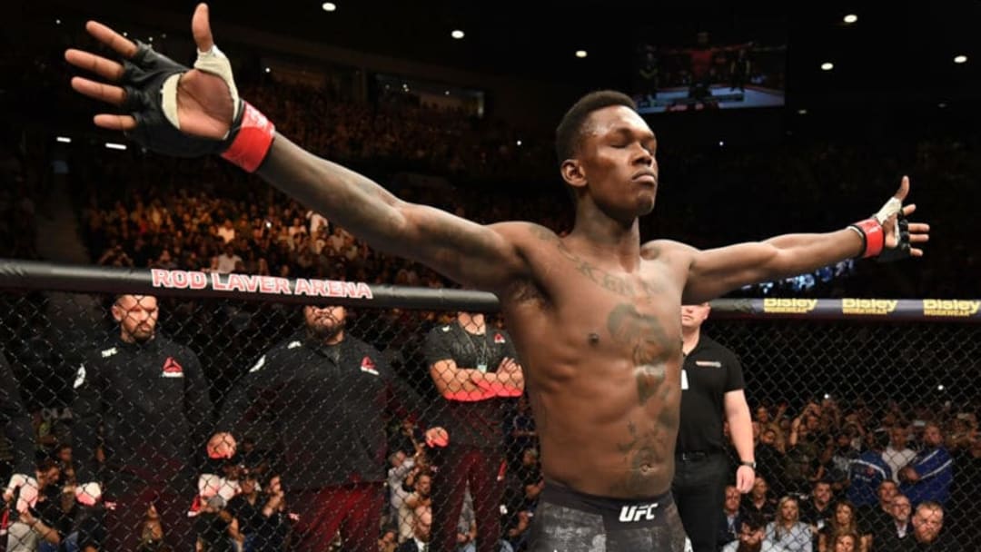 MELBOURNE, AUSTRALIA - FEBRUARY 10: Israel Adesanya of New Zealand is introduced prior to his middleweight bout against Anderson Silva of Brazil during the UFC 234 at Rod Laver Arena on February 10, 2019 in the Melbourne, Australia. (Photo by Jeff Bottari/Zuffa LLC/Zuffa LLC via Getty Images)