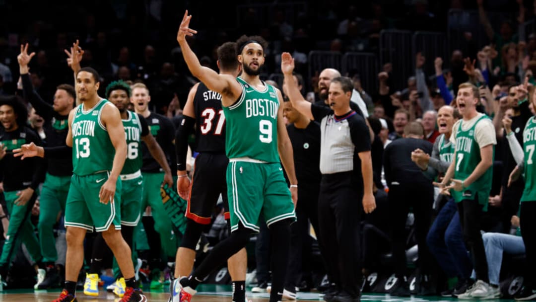 May 25, 2023; Boston, Massachusetts, USA; Boston Celtics guard Derrick White (9) reacts during the second quarter of game five against the Miami Heat in the Eastern Conference Finals for the 2023 NBA playoffs at TD Garden. Mandatory Credit: Winslow Townson-USA TODAY Sports