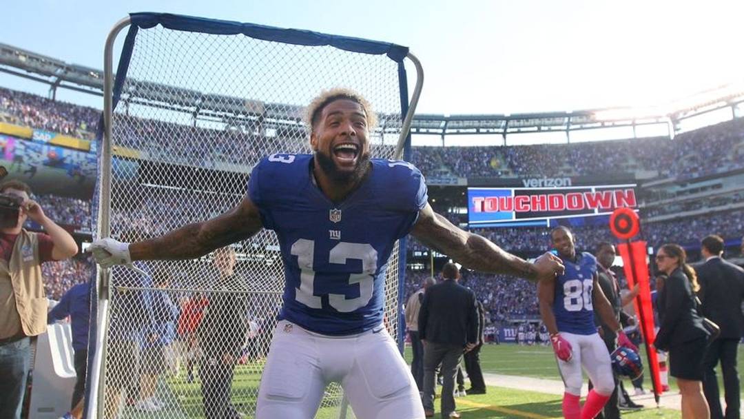 Oct 16, 2016; East Rutherford, NJ, USA; New York Giants wide receiver Odell Beckham Jr. (13) reacts after scoring a touchdown against the Baltimore Ravens during the fourth quarter at MetLife Stadium. Mandatory Credit: Brad Penner-USA TODAY Sports Oct 16, 2016; East Rutherford, NJ, USA; New York Giants wide receiver Odell Beckham Jr. (13) reacts after scoring a touchdown against the Baltimore Ravens during the fourth quarter at MetLife Stadium. Mandatory Credit: Brad Penner-USA TODAY Sports