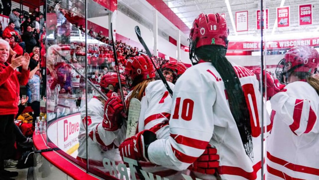 The Wisconsin women's hockey team celebrates a goal during the first period of its game against Ohio State on Saturday February 18, 2023 at LaBahn Arena in Madison, Wis.