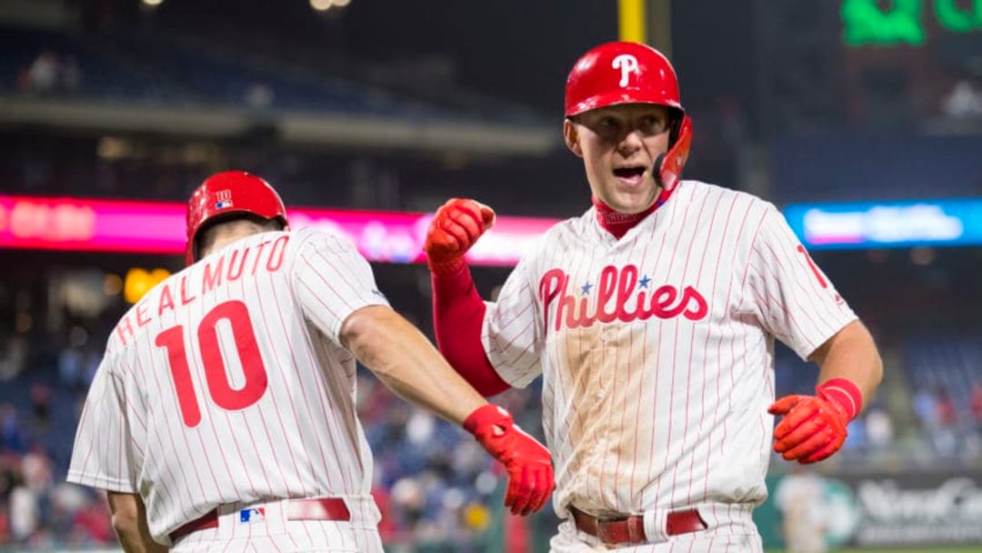 PHILADELPHIA, PA - MAY 01: Rhys Hoskins #17 of the Philadelphia Phillies celebrates with J.T. Realmuto #10 after hitting a solo home run in the bottom of the eighth inning against the Detroit Tigers at Citizens Bank Park on May 1, 2019 in Philadelphia, Pennsylvania. The Phillies defeated the Tigers 7-3. (Photo by Mitchell Leff/Getty Images)